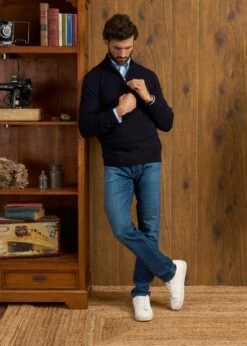 Sutherland Lambswool 1/4 Zip Jumper In Navy - Regular Fit -AlanPaine Shop Sutherland Lambswool Quarter Zip Jumper Navy 3