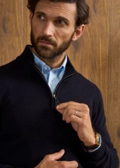 Sutherland Lambswool 1/4 Zip Jumper In Navy - Regular Fit -AlanPaine Shop Sutherland Lambswool Quarter Zip Jumper Navy 5