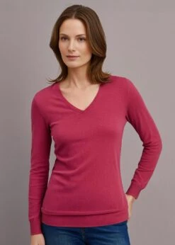 AlanPaine Shop 20 AlanPaine Shop -AlanPaine Shop Thea Cotton Cashmere Vee Neck Jumper Raspberry 1