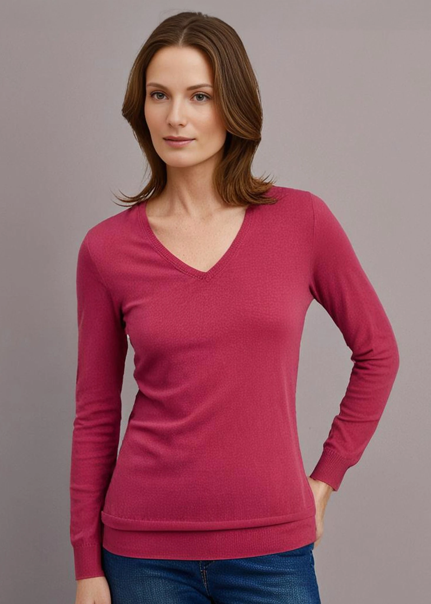 Thea Cotton Cashmere Vee Neck Jumper In Raspberry 4 Thea Cotton Cashmere Vee Neck Jumper In Raspberry - Image 2