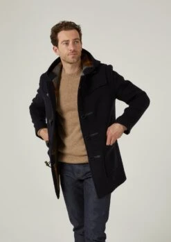 Alcombey Check Back Duffle Coat In Navy -AlanPaine Shop alcombey men s check back duffle caot navy 2