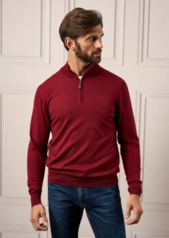 Barton Merino Wool 1/4 Zip Mock Jumper In Bordeaux - Regular Fit -AlanPaine Shop ap prduct studio images aw24 36