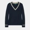 Ladies Cable Knit Cricket Jumper In Dark Navy -AlanPaine Shop ladies cable knit cricket jumper dark navy
