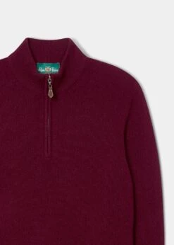 Sutherland Lambswool 1/4 Zip Jumper In Bordeaux - Regular Fit -AlanPaine Shop lambswool half zip jumper bordeaux 2