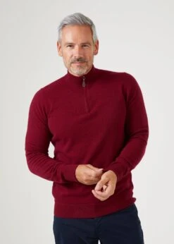 Sutherland Lambswool 1/4 Zip Jumper In Bordeaux - Regular Fit -AlanPaine Shop lambswool quarter zip jumper bordeaux 4