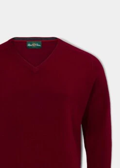 Streetly Men's V Neck Jumper In Bordeaux - Classic Fit 6 Streetly Men's V Neck Jumper In Bordeaux - Classic Fit -AlanPaine Shop lambswool vee neck jumper bordeaux 2
