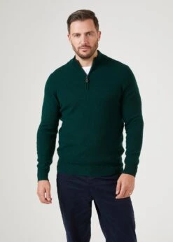Sutherland Lambswool 1/4 Zip Jumper In Tartan Green - Regular Fit -AlanPaine Shop mens lambswool half zip jumper tartan green 1