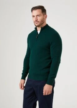 Sutherland Lambswool 1/4 Zip Jumper In Tartan Green - Regular Fit -AlanPaine Shop mens lambswool half zip jumper tartan green 2