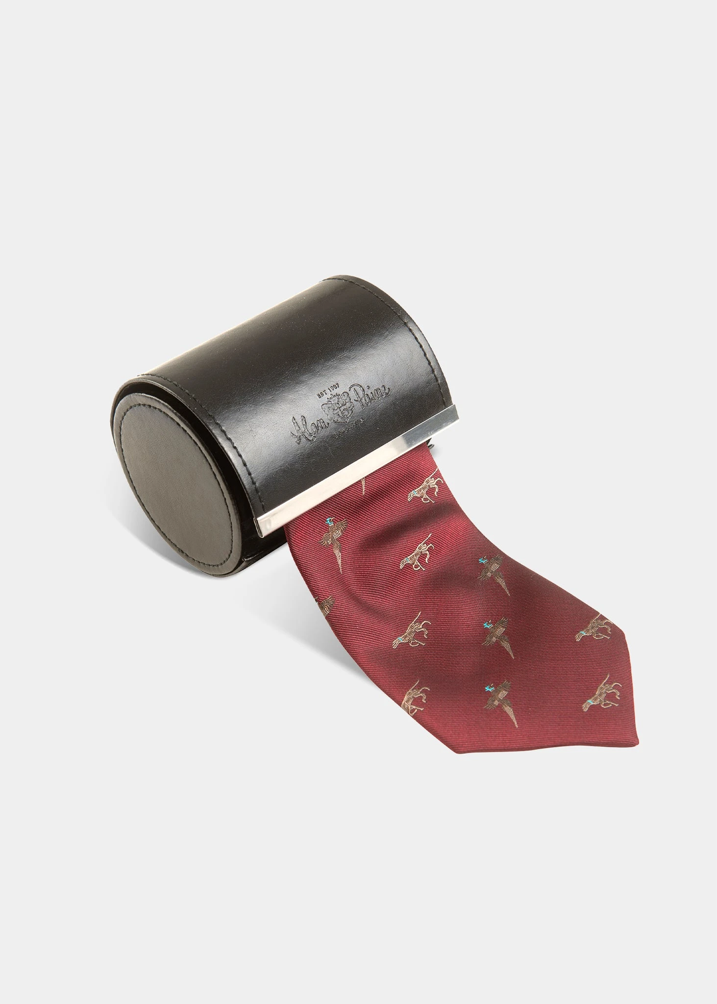 Ripon Silk Country Tie In Bordeaux - Bird & Dog Design 3 Ripon Silk Country Tie In Bordeaux - Bird & Dog Design