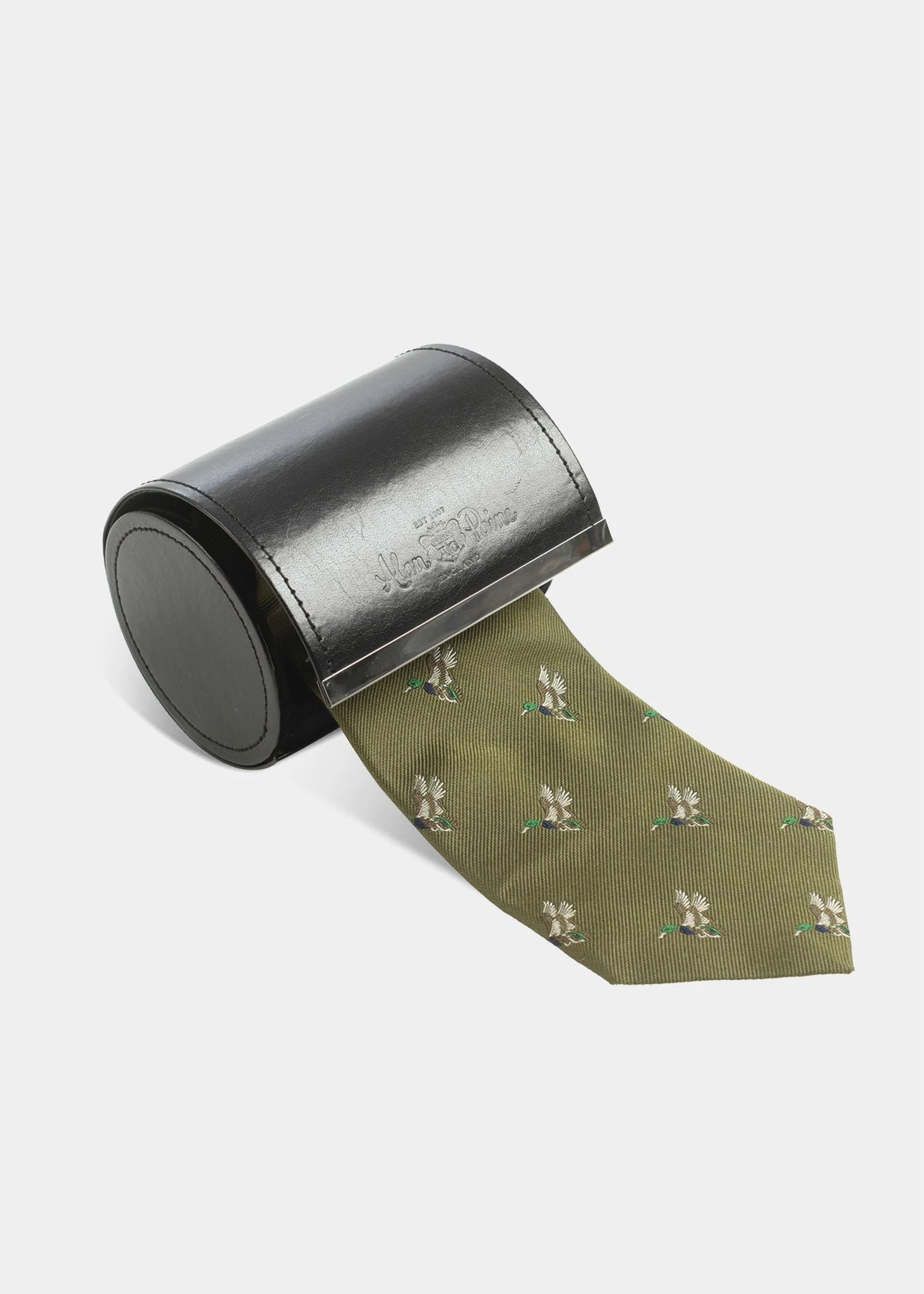Ripon Silk Country Tie In Olive - Duck Design 3 Ripon Silk Country Tie In Olive - Duck Design