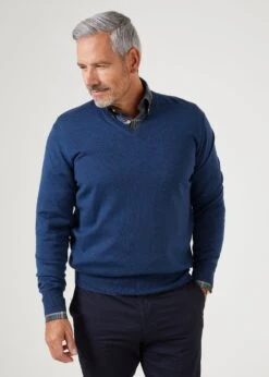 Millbreck Men's Merino Wool Jumper In Indigo - Regular Fit -AlanPaine Shop merino wool vee neck jumper indigo 1