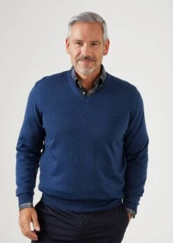 Millbreck Men's Merino Wool Jumper In Indigo - Regular Fit -AlanPaine Shop merino wool vee neck jumper indigo 2