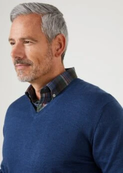 Millbreck Men's Merino Wool Jumper In Indigo - Regular Fit -AlanPaine Shop merino wool vee neck jumper indigo 4