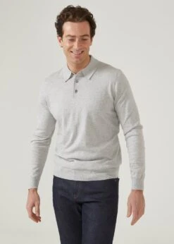 Pentlow Luxury Cotton Long Sleeve Polo Shirt In Dove -AlanPaine Shop pentlow 3 button long sleeve polo shirt dove 2