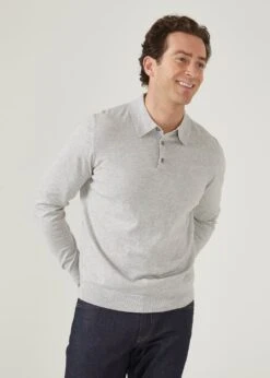 Pentlow Luxury Cotton Long Sleeve Polo Shirt In Dove -AlanPaine Shop pentlow 3 button long sleeve polo shirt dove 3