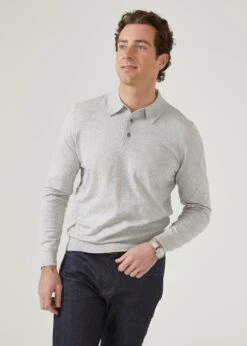 Pentlow Luxury Cotton Long Sleeve Polo Shirt In Dove -AlanPaine Shop pentlow 3 button long sleeve polo shirt dove 4